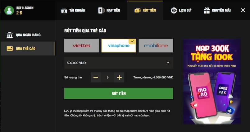 Điều kiện thực hiện rút tiền 11bet dễ dàng